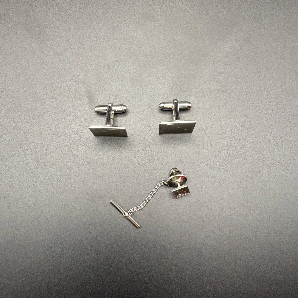 Vintage Engraved Floral Cufflinks Tie Tack Set Silver Tone Swank Formal Gift Men